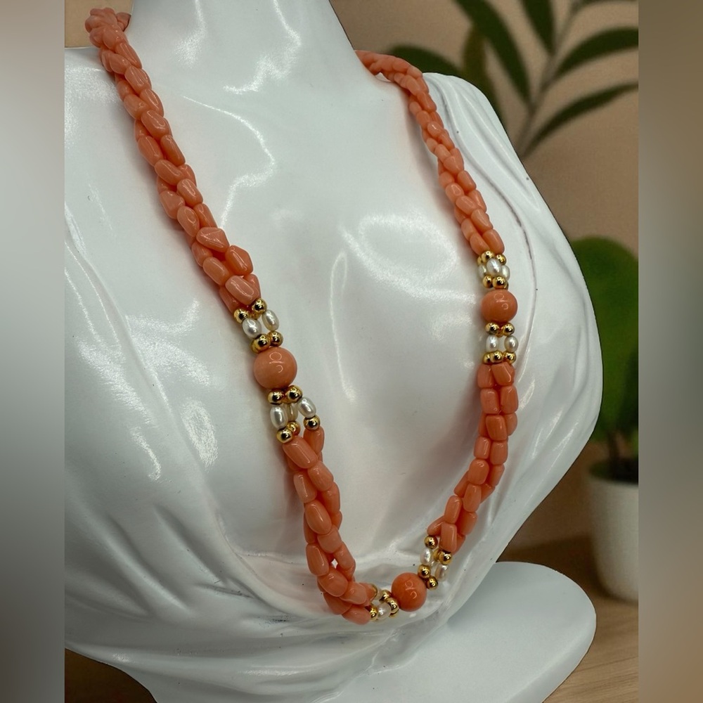 Vintage Angel Skin Coral & Freshwater Pearl 18” 3 Strand Twist Bead Gold Accents - Picture 1 of 17